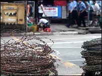 Barbed wore coiled on Rangoon street